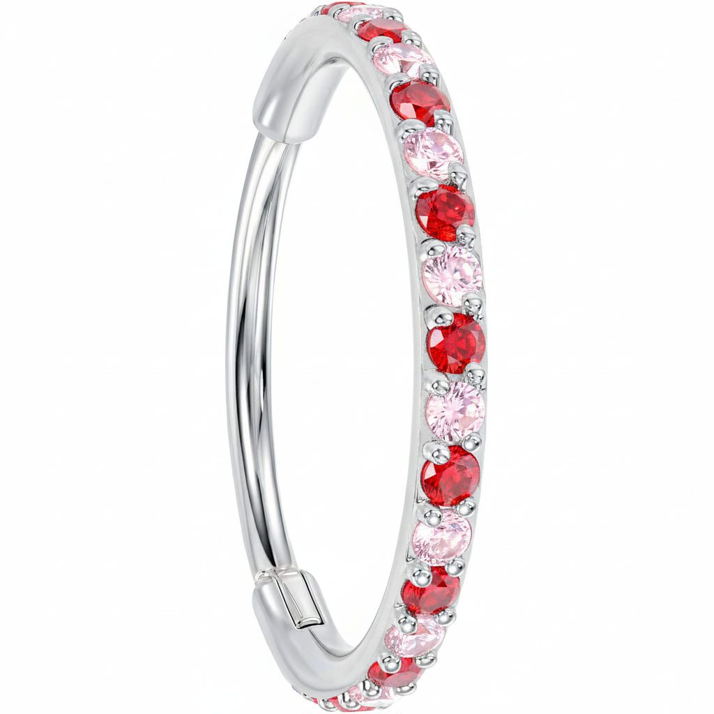 20G Micro Gem Titanium Hinged Nose Hoop - Pink Red Nose Ring